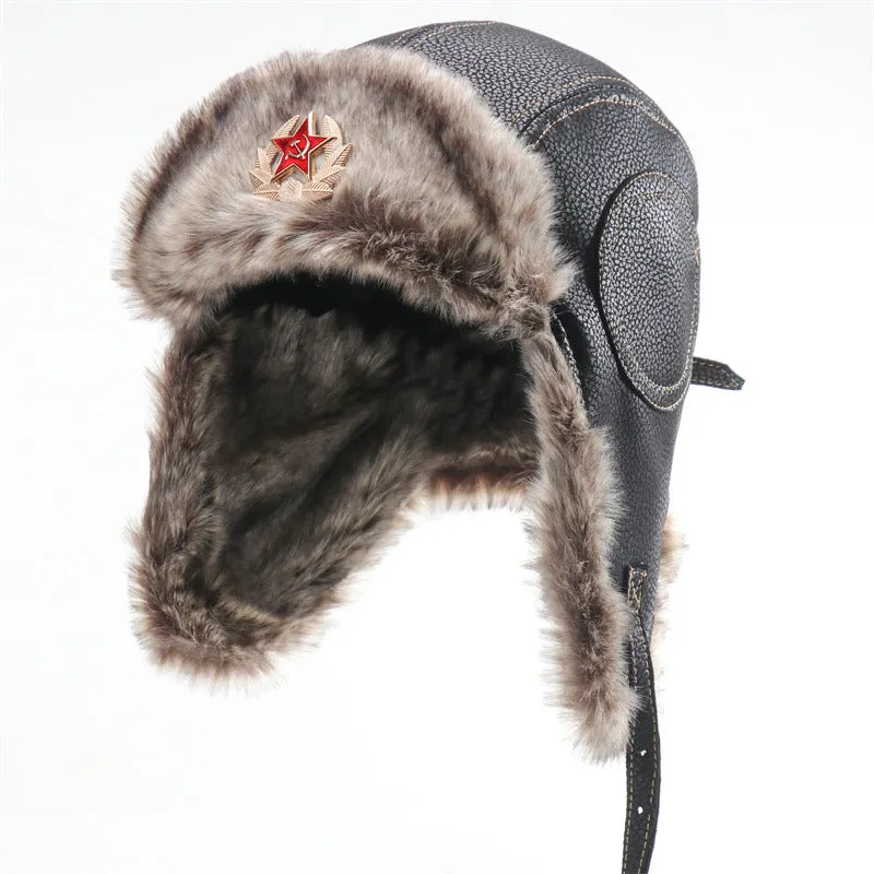 Waterproof unisex outdoor Lei Feng hat in camel with Soviet badge, artificial leather and polyester fur lining