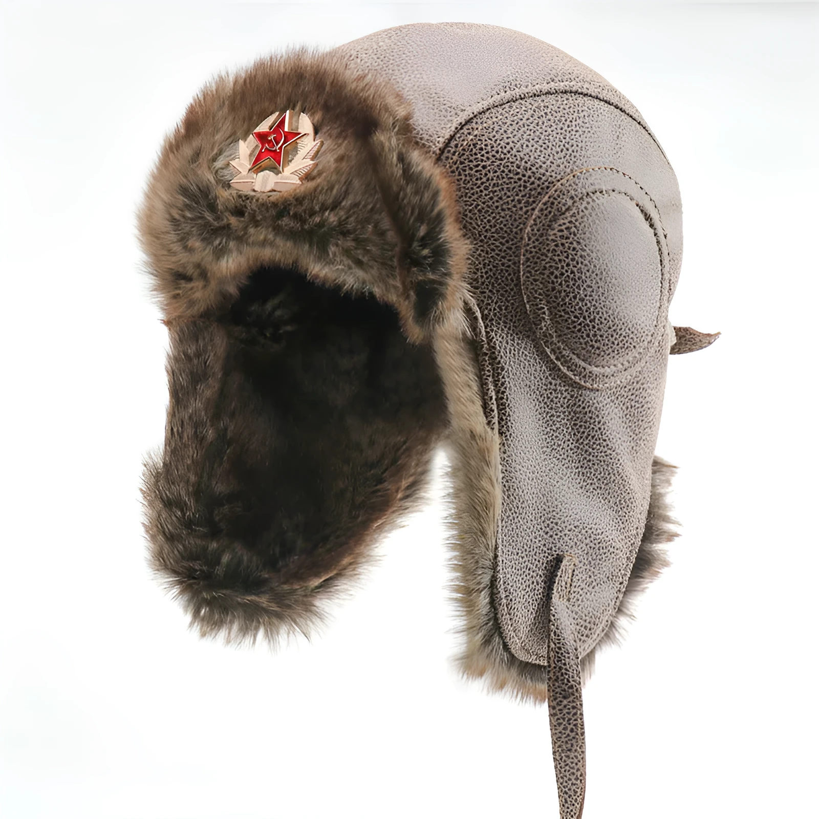 Waterproof unisex outdoor Lei Feng hat in camel with Soviet badge, artificial leather and polyester fur lining