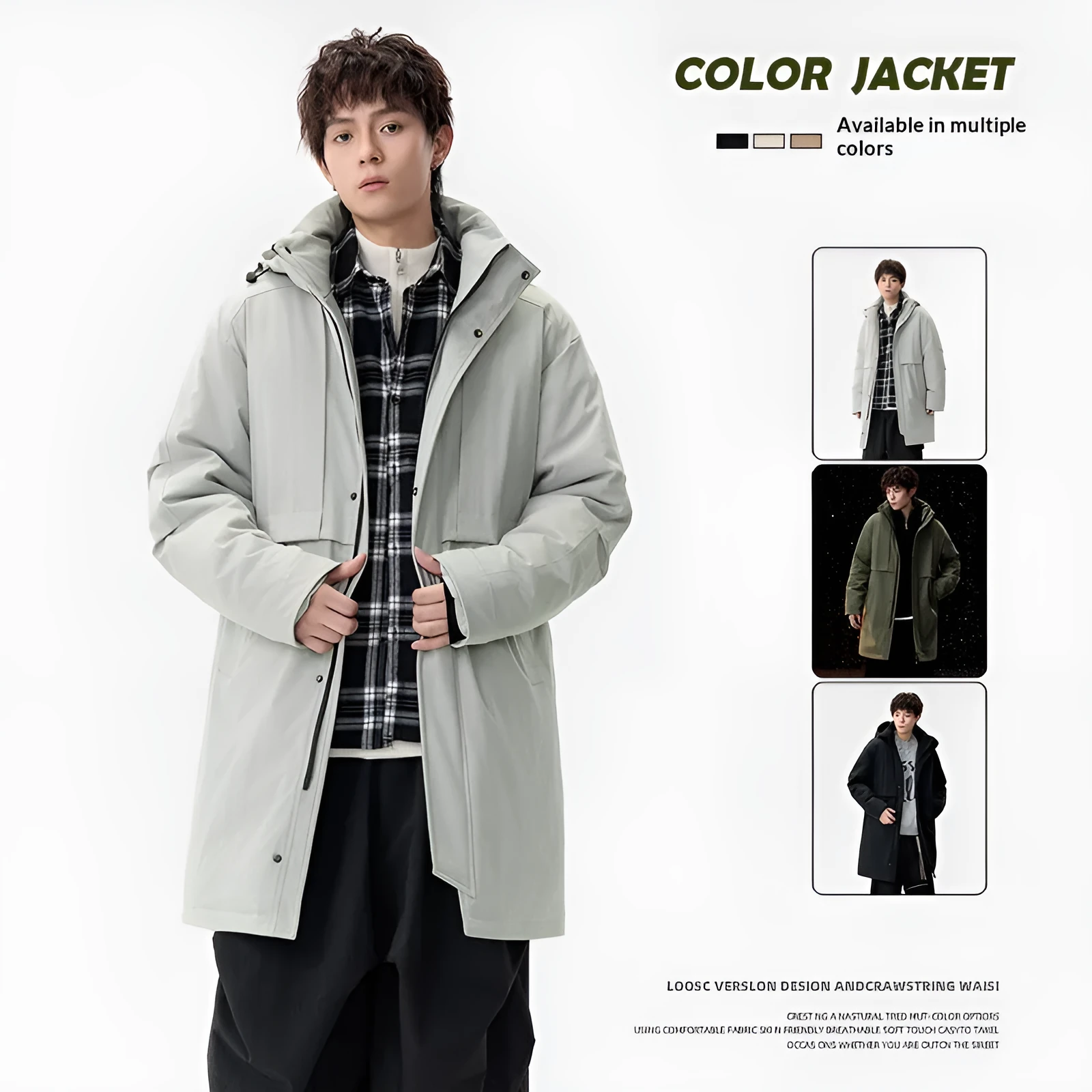Men's loose windproof warm coat in black, side view, thickened polyester fibre with cotton lining, side pockets, cardigan style