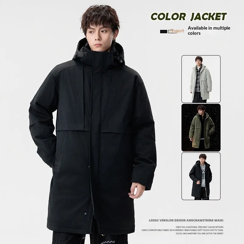 Men's loose windproof warm coat in black, side view, thickened polyester fibre with cotton lining, side pockets, cardigan style