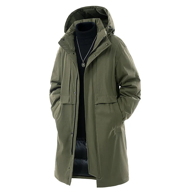 Men's loose windproof warm coat in black, side view, thickened polyester fibre with cotton lining, side pockets, cardigan style