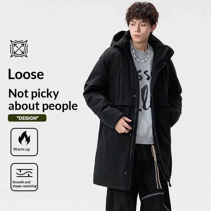 Men's loose windproof warm coat in black, side view, thickened polyester fibre with cotton lining, side pockets, cardigan style