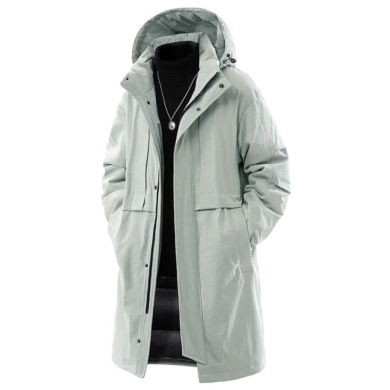 Men's loose windproof warm coat in black, side view, thickened polyester fibre with cotton lining, side pockets, cardigan style