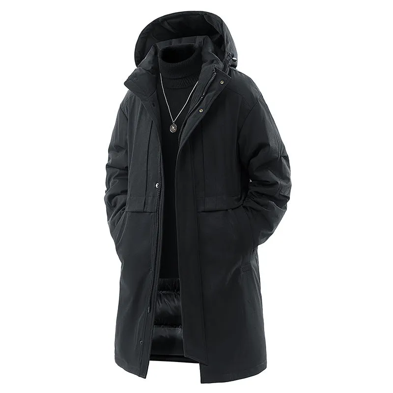 Men's loose windproof warm coat in black, side view, thickened polyester fibre with cotton lining, side pockets, cardigan style