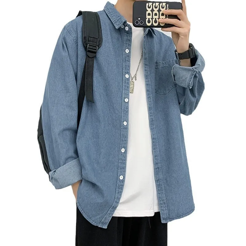 Men's pure cotton denim long sleeve shirt in dark blue, loose cardigan style, front view