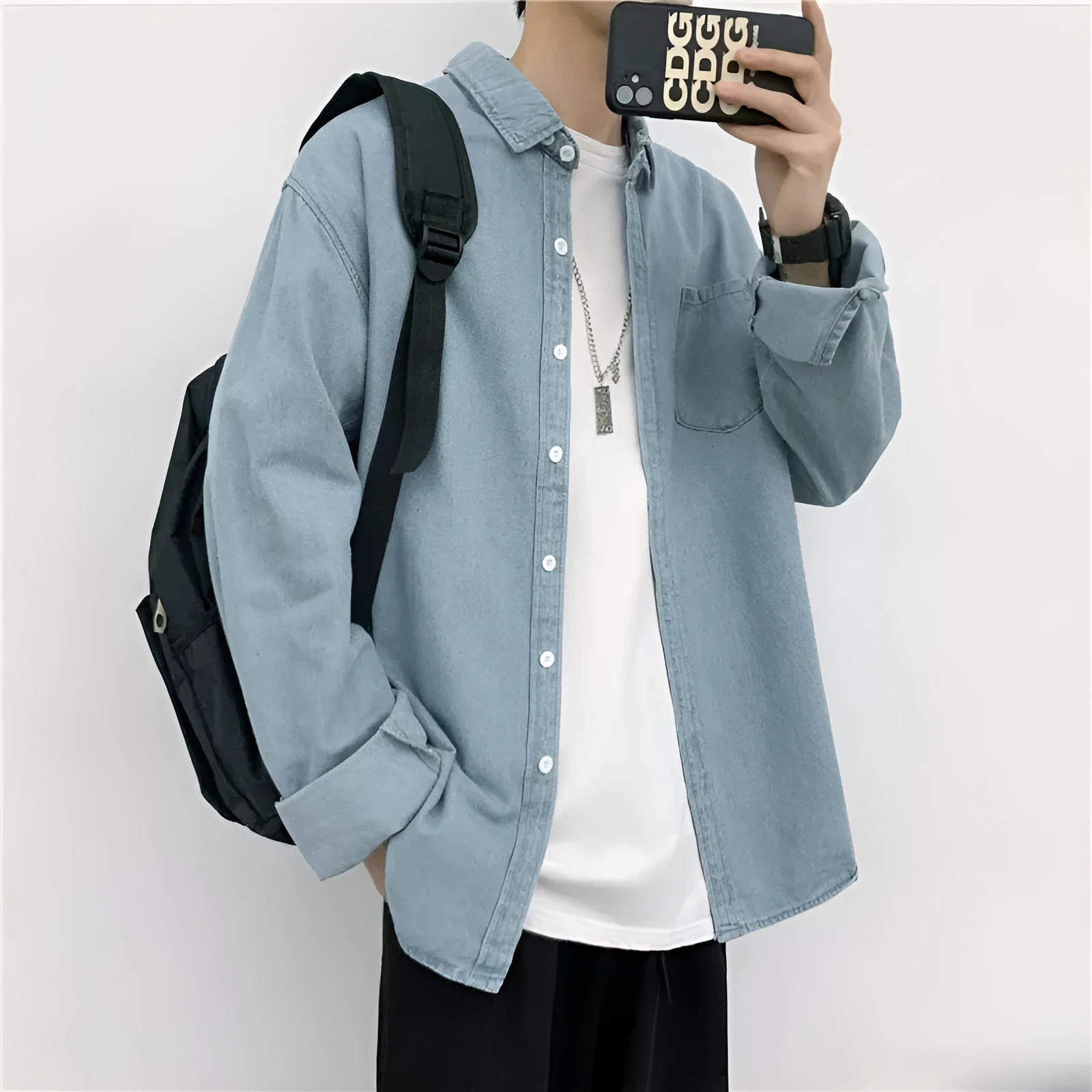Men's pure cotton denim long sleeve shirt in dark blue, loose cardigan style, front view