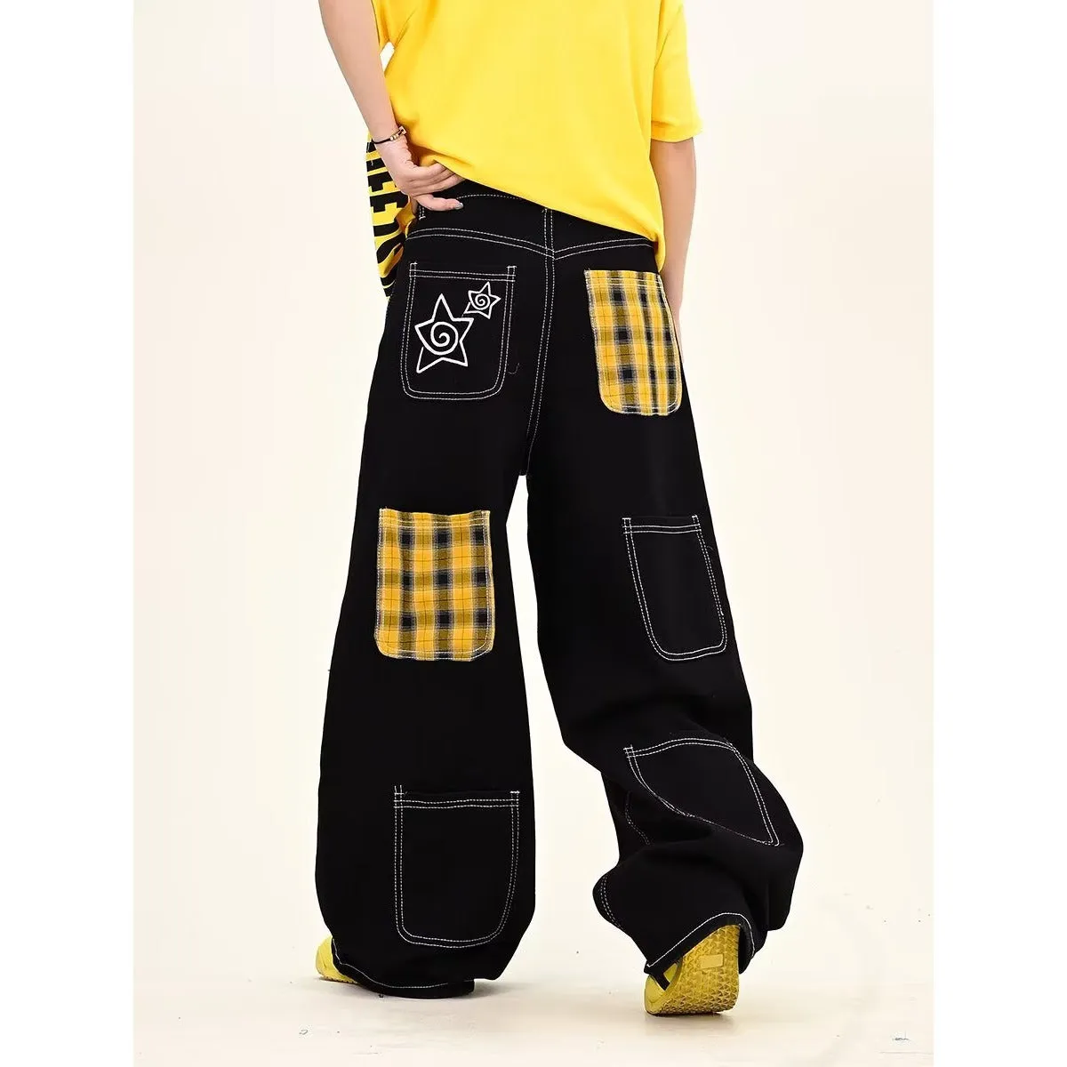 Black personalised letter jeans mid waist cotton denim hip hop trousers zip placket