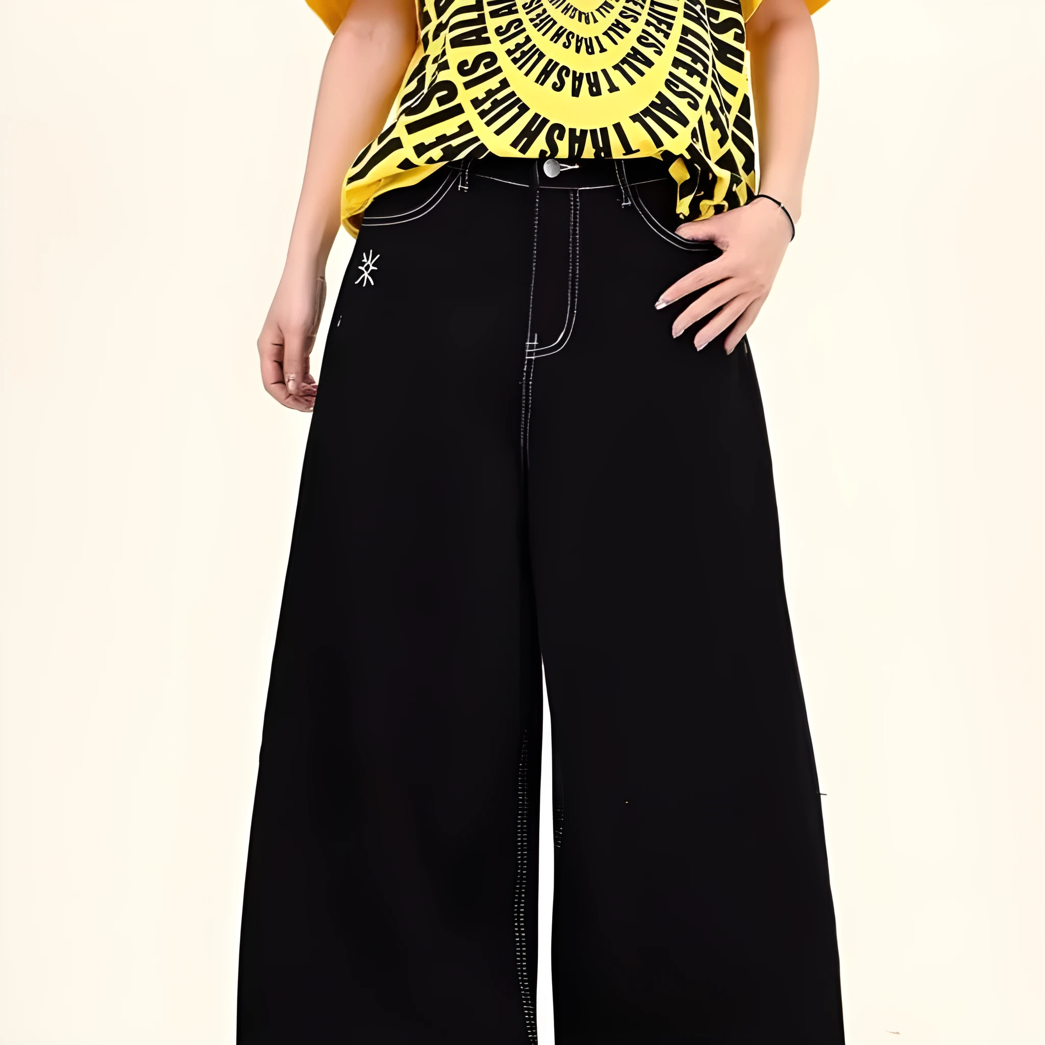 Black personalised letter jeans mid waist cotton denim hip hop trousers zip placket