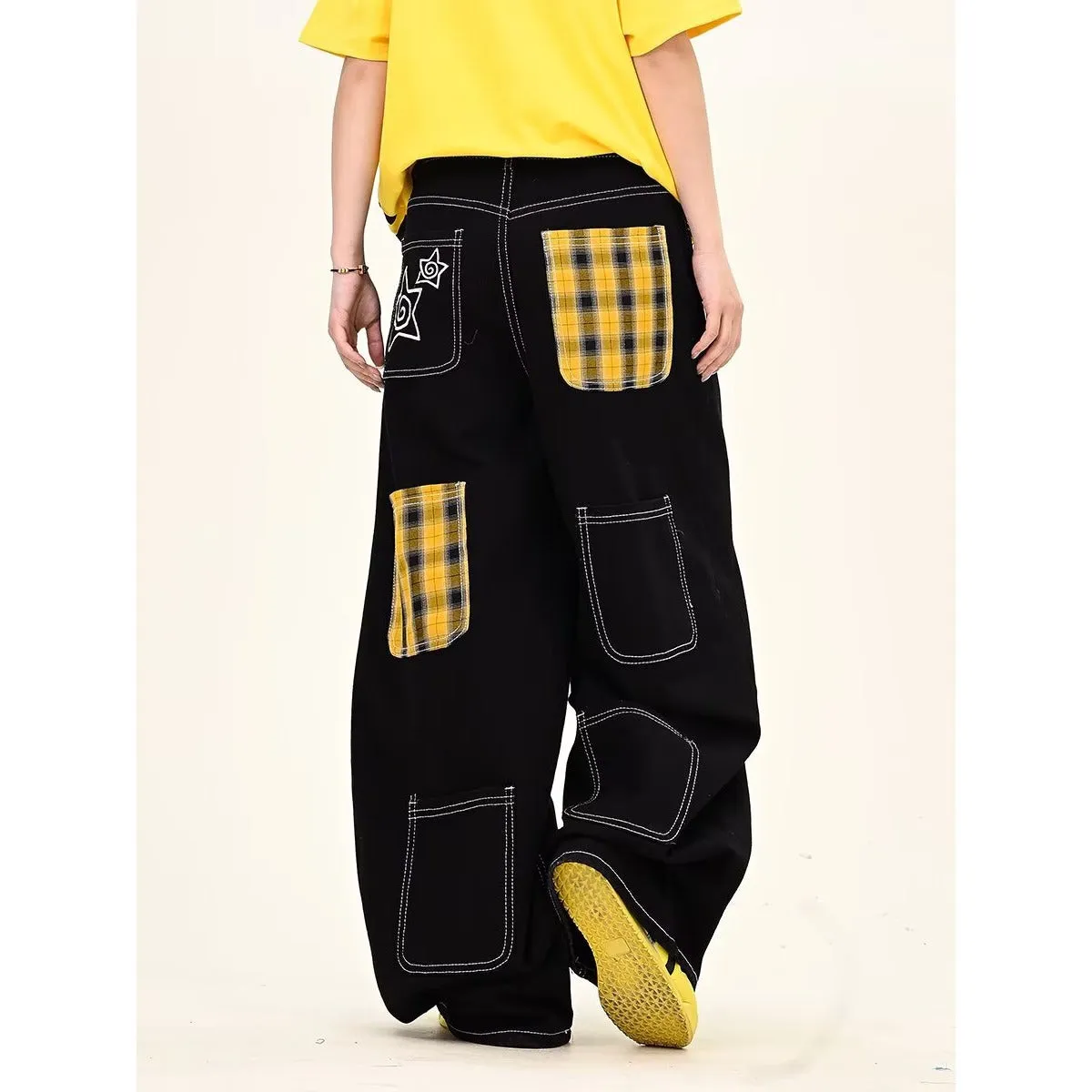 Black personalised letter jeans mid waist cotton denim hip hop trousers zip placket