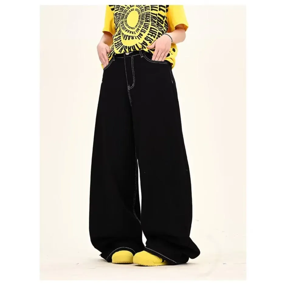 Black personalised letter jeans mid waist cotton denim hip hop trousers zip placket