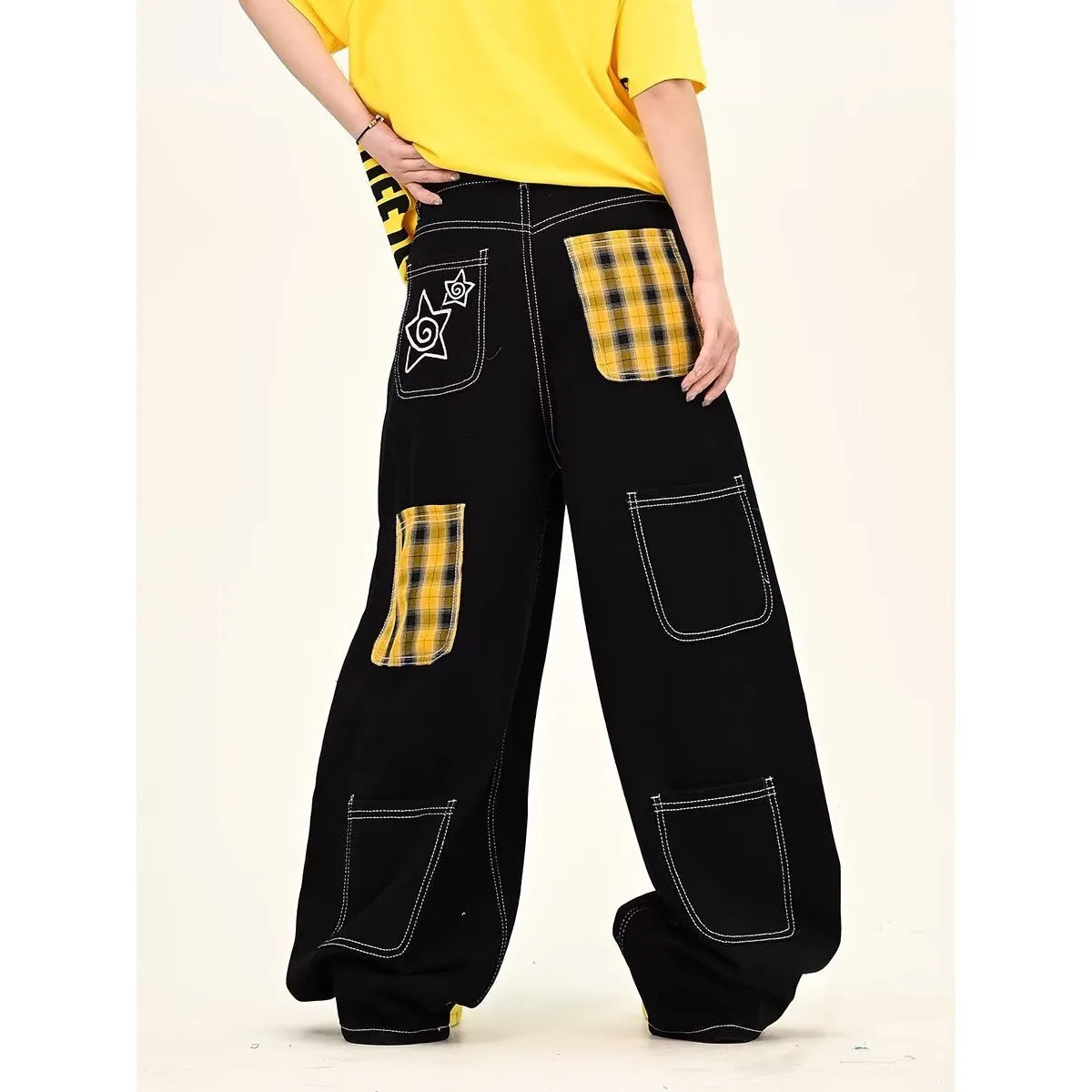 Black personalised letter jeans mid waist cotton denim hip hop trousers zip placket