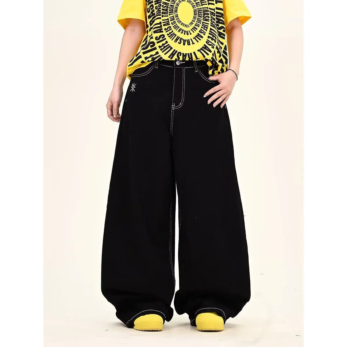 Black personalised letter jeans mid waist cotton denim hip hop trousers zip placket