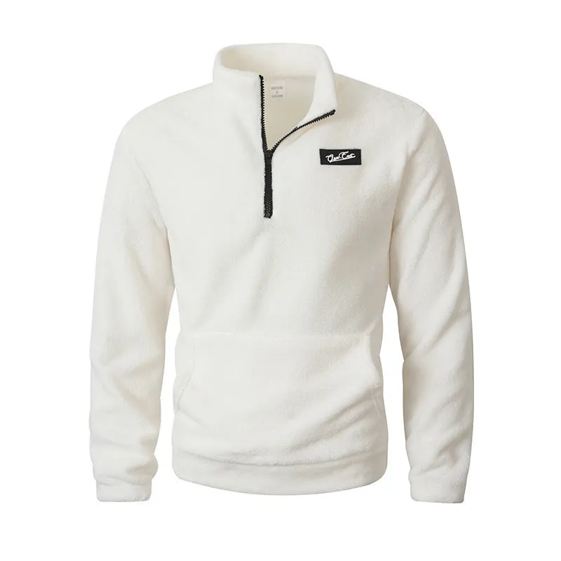 Stand collar loose long sleeve half-zip sweatshirt in grey, front view