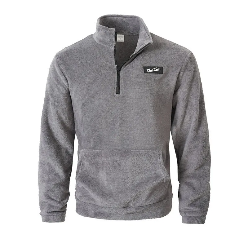 Stand collar loose long sleeve half-zip sweatshirt in grey, front view