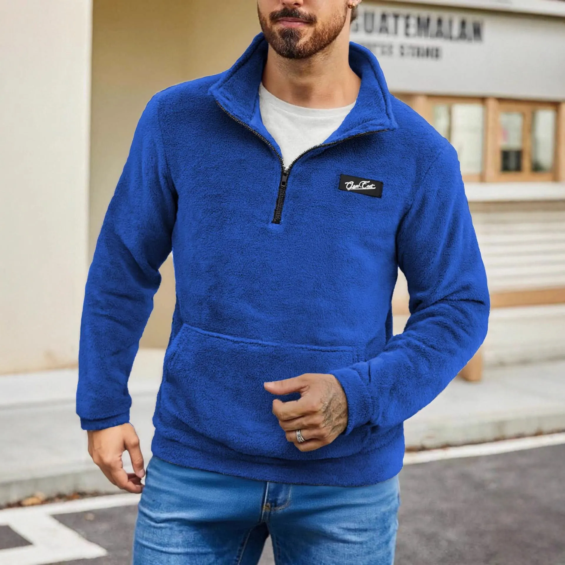 Stand collar loose long sleeve half-zip sweatshirt in grey, front view