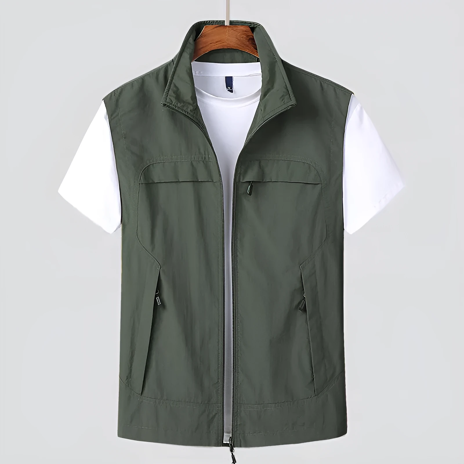 Men's striped waterproof casual vest with hood and multiple patch pockets in khaki colour