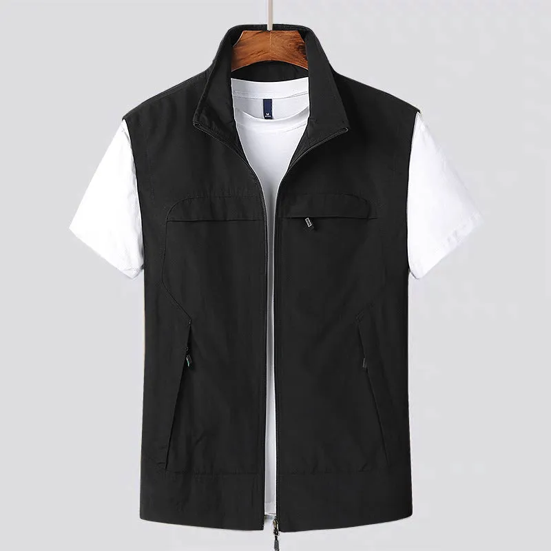 Men's striped waterproof casual vest with hood and multiple patch pockets in khaki colour