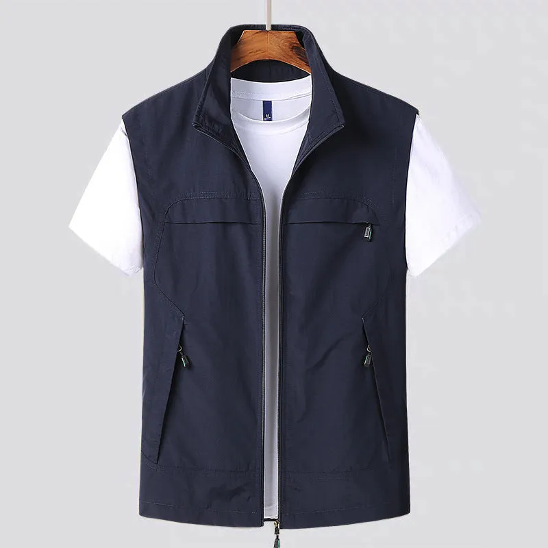 Men's striped waterproof casual vest with hood and multiple patch pockets in khaki colour