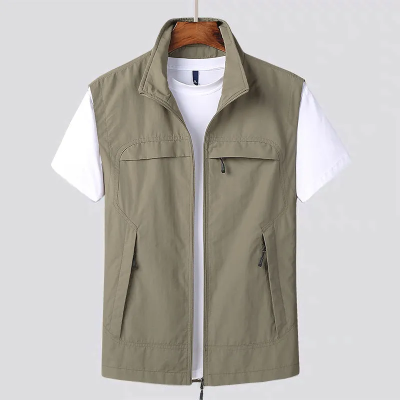 Men's striped waterproof casual vest with hood and multiple patch pockets in khaki colour