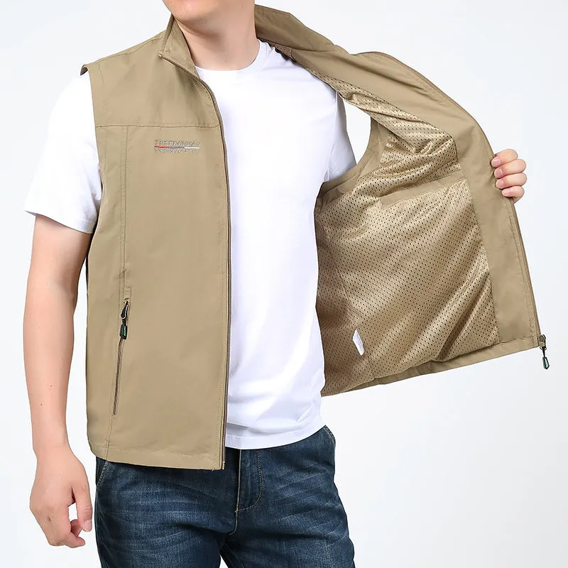 Men's striped waterproof casual vest with hood and multiple patch pockets in khaki colour