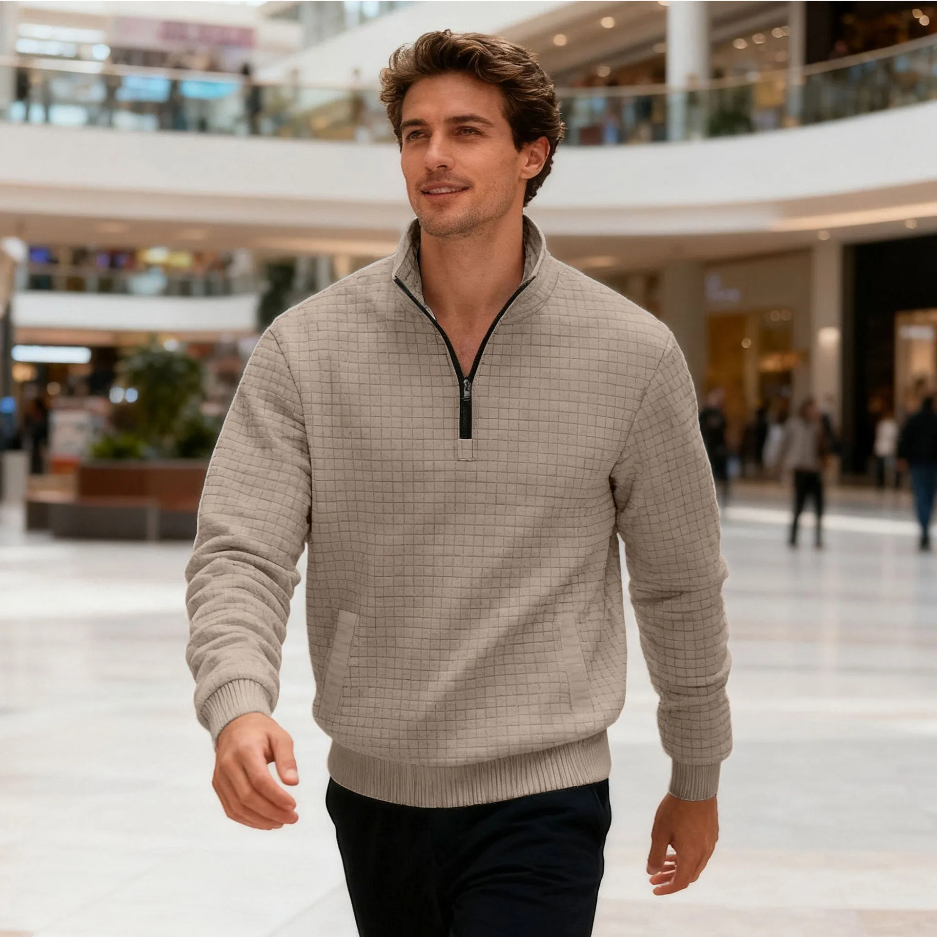Men's stand-up collar jacquard small check sweatshirt with long sleeves and side pockets on a model