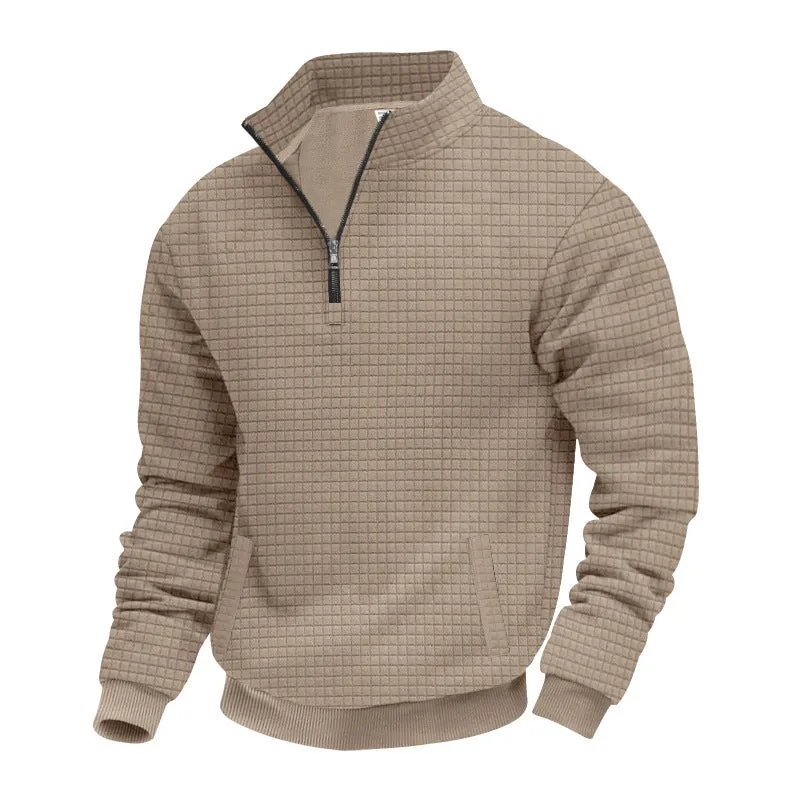 Men's stand-up collar jacquard small check sweatshirt with long sleeves and side pockets on a model