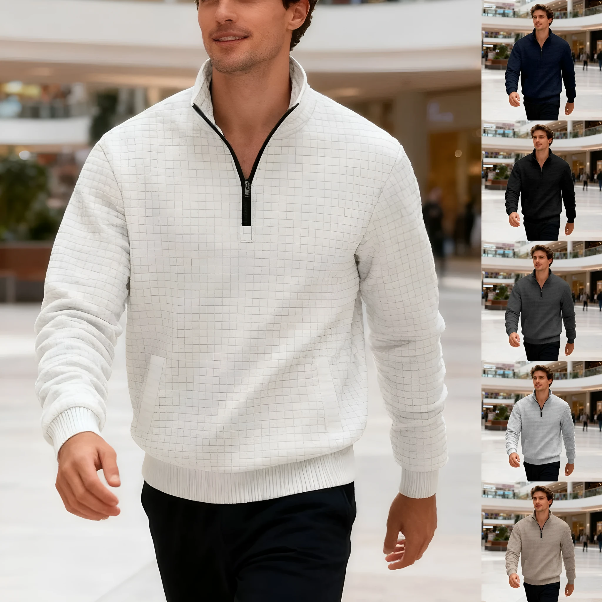 Men's stand-up collar jacquard small check sweatshirt with long sleeves and side pockets on a model