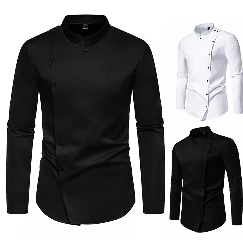 Men's long sleeve stand collar work shirt solid colour polyester blend loose fit black