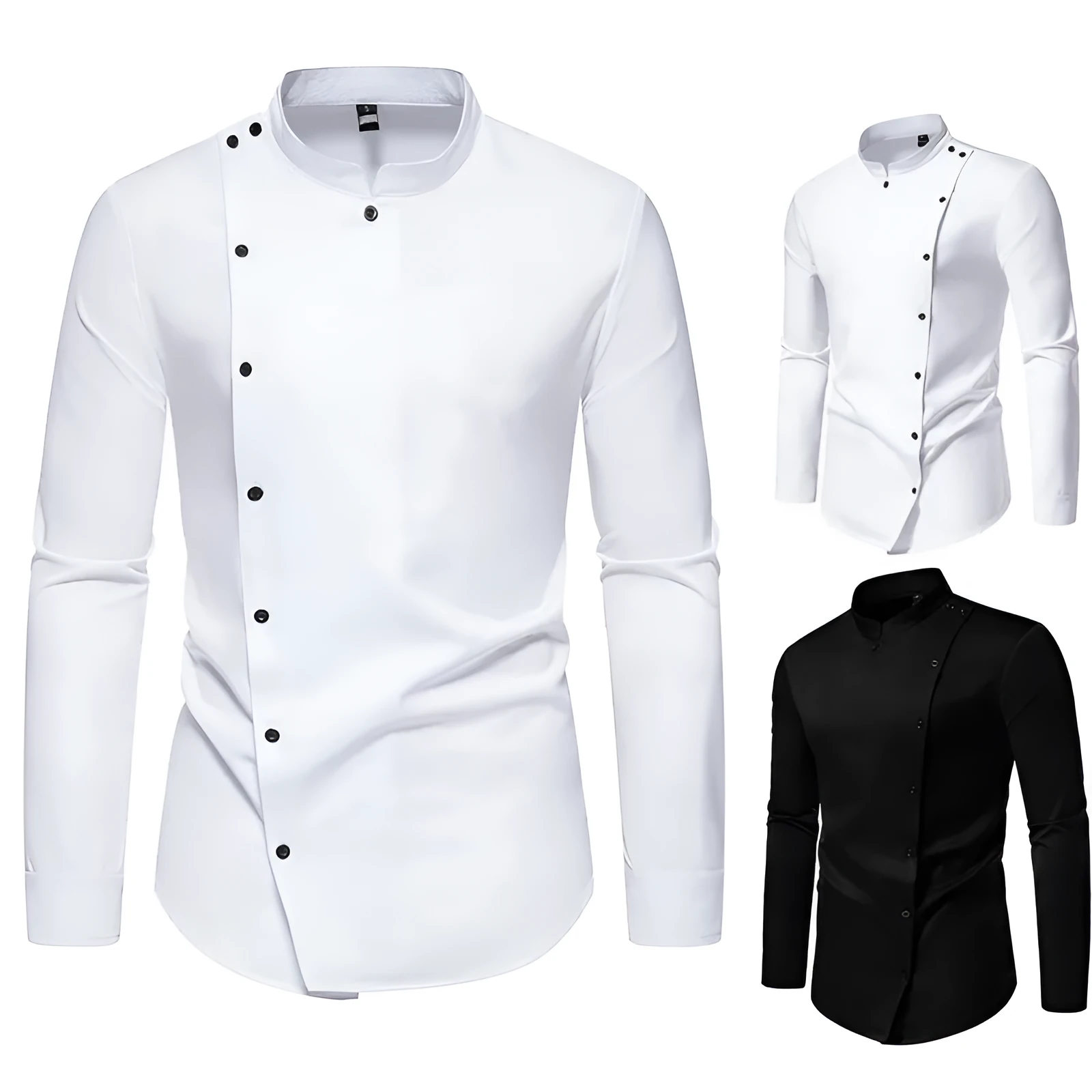 Men's long sleeve stand collar work shirt solid colour polyester blend loose fit black