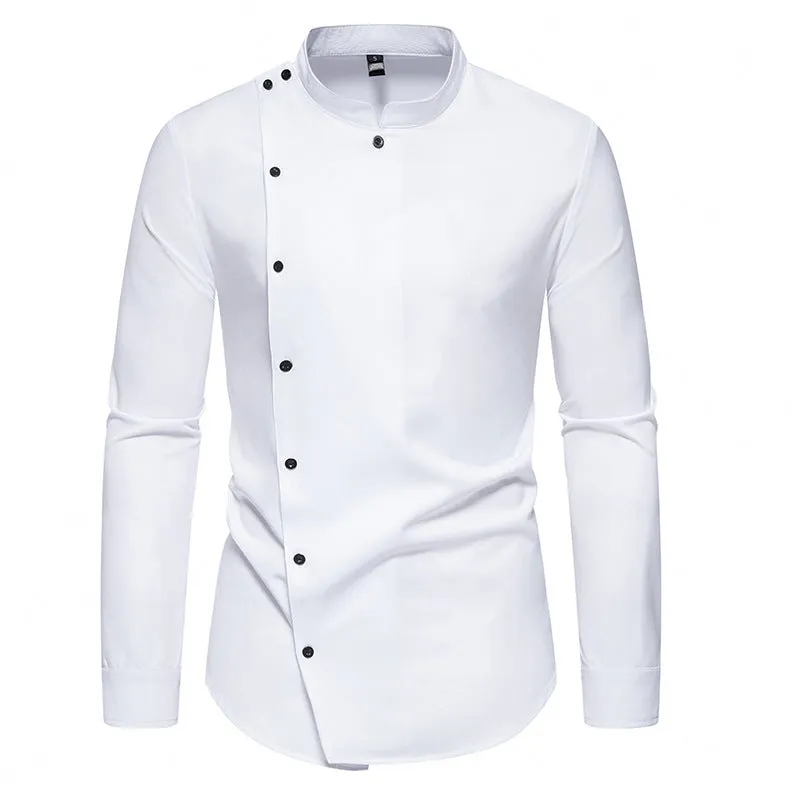 Men's long sleeve stand collar work shirt solid colour polyester blend loose fit black