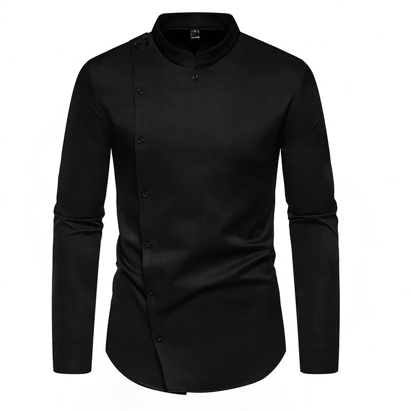 Men's long sleeve stand collar work shirt solid colour polyester blend loose fit black