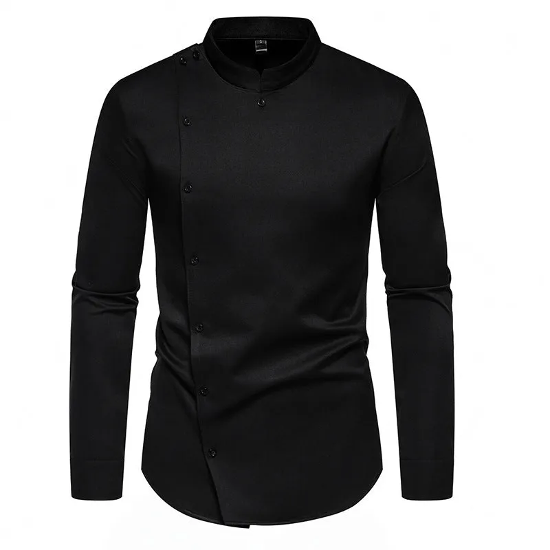 Men's long sleeve stand collar work shirt solid colour polyester blend loose fit black