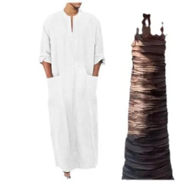 Men's classic Arabic long robe in bamboo linen with colour matching pattern, loose fit, front view