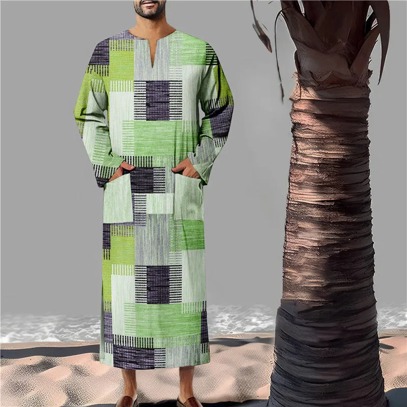 Men's classic Arabic long robe in bamboo linen with colour matching pattern, loose fit, front view