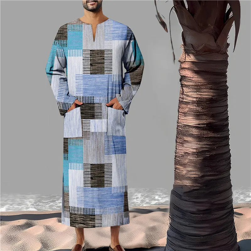 Men's classic Arabic long robe in bamboo linen with colour matching pattern, loose fit, front view