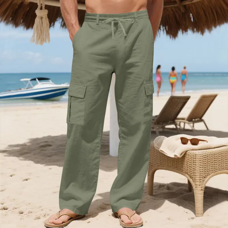 Men's linen drawstring workwear pants in straight leg with multiple pockets, army green colour option