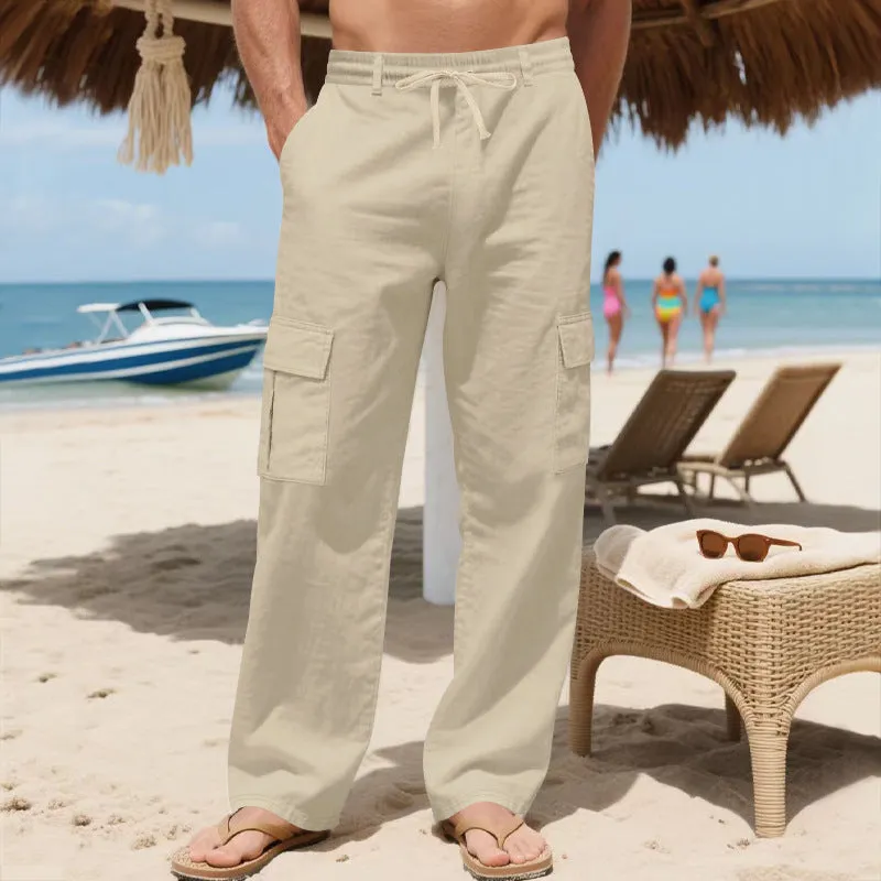Men's linen drawstring workwear pants in straight leg with multiple pockets, army green colour option