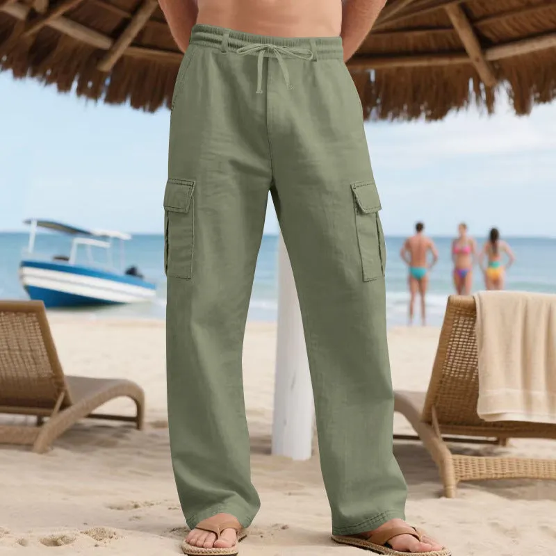 Men's linen drawstring workwear pants in straight leg with multiple pockets, army green colour option