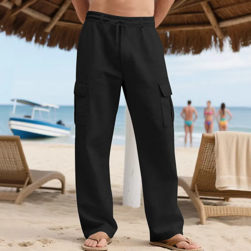 Men's linen drawstring workwear pants in straight leg with multiple pockets, army green colour option