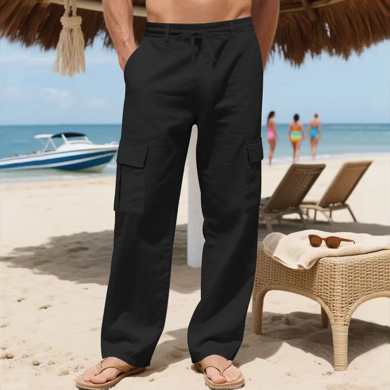 Men's linen drawstring workwear pants in straight leg with multiple pockets, army green colour option