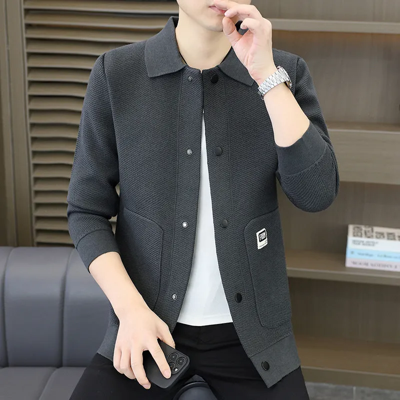 Fashion lapel sweater casual cardigan for youth in gray, black, khaki, loose fit, sizes 165 to 190