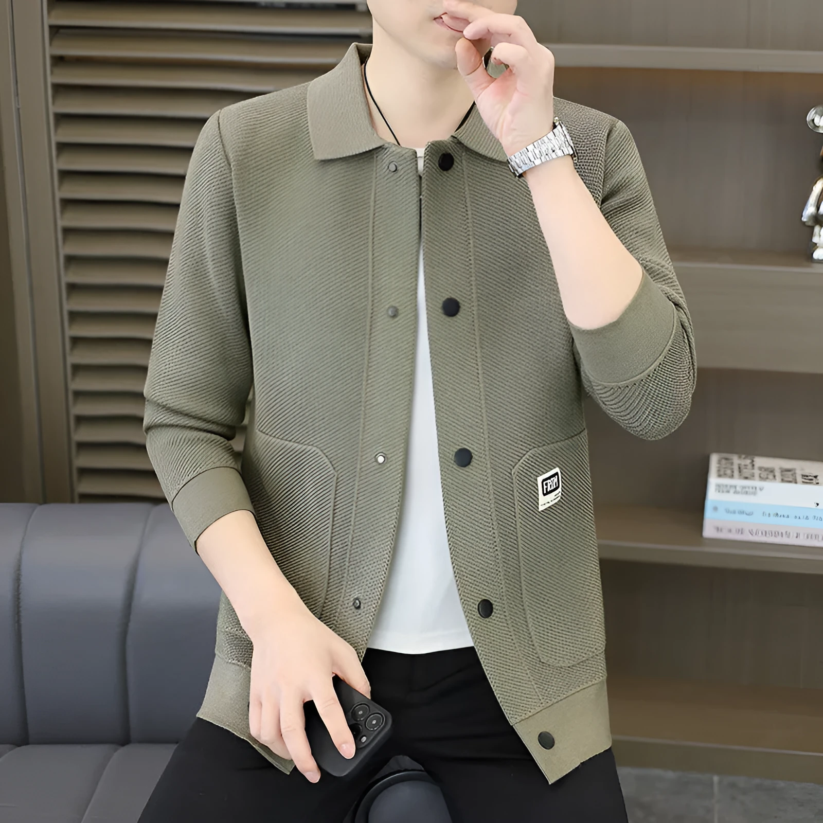 Fashion lapel sweater casual cardigan for youth in gray, black, khaki, loose fit, sizes 165 to 190