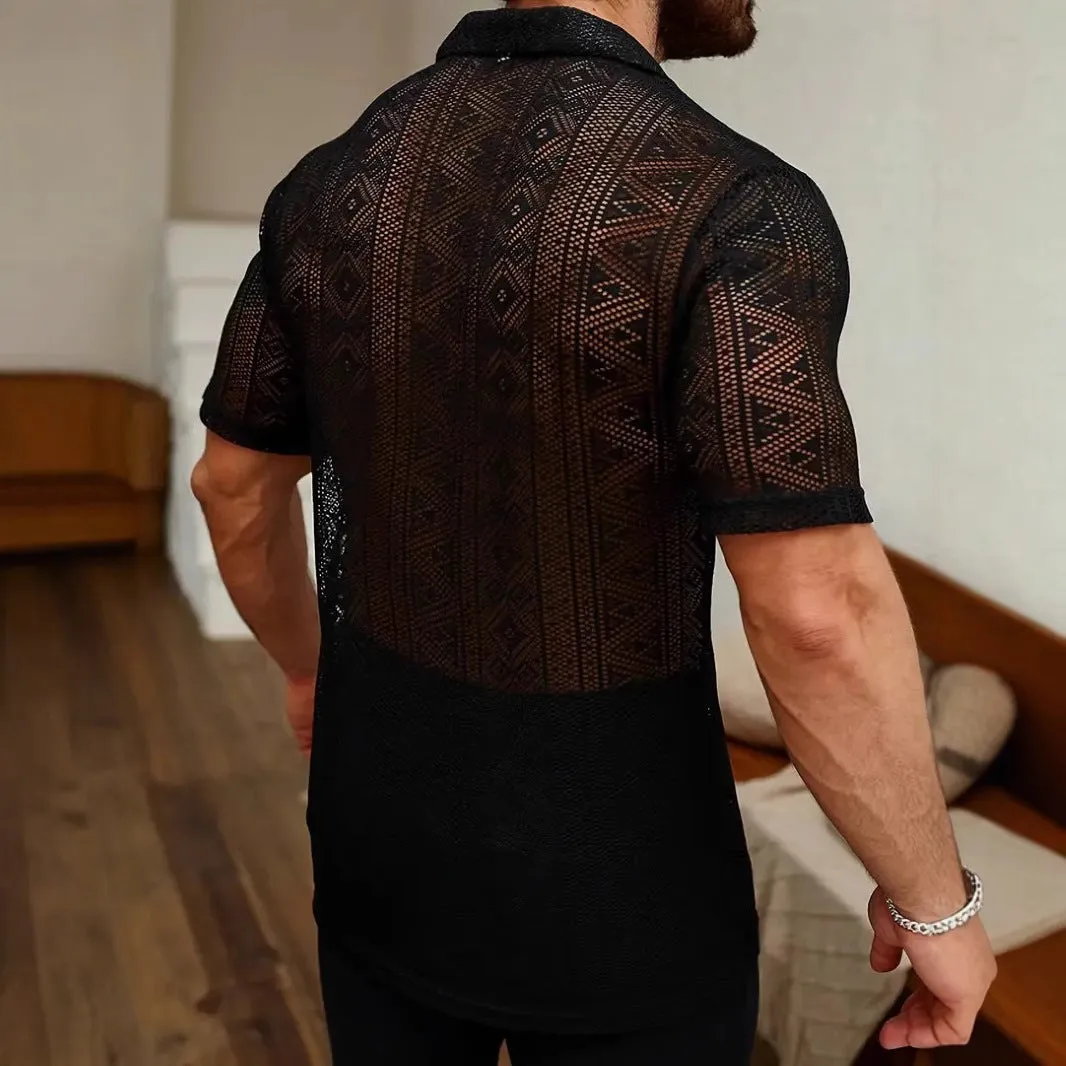 Men's black lace transparent short-sleeved polyester shirt cardigan on a model, front view