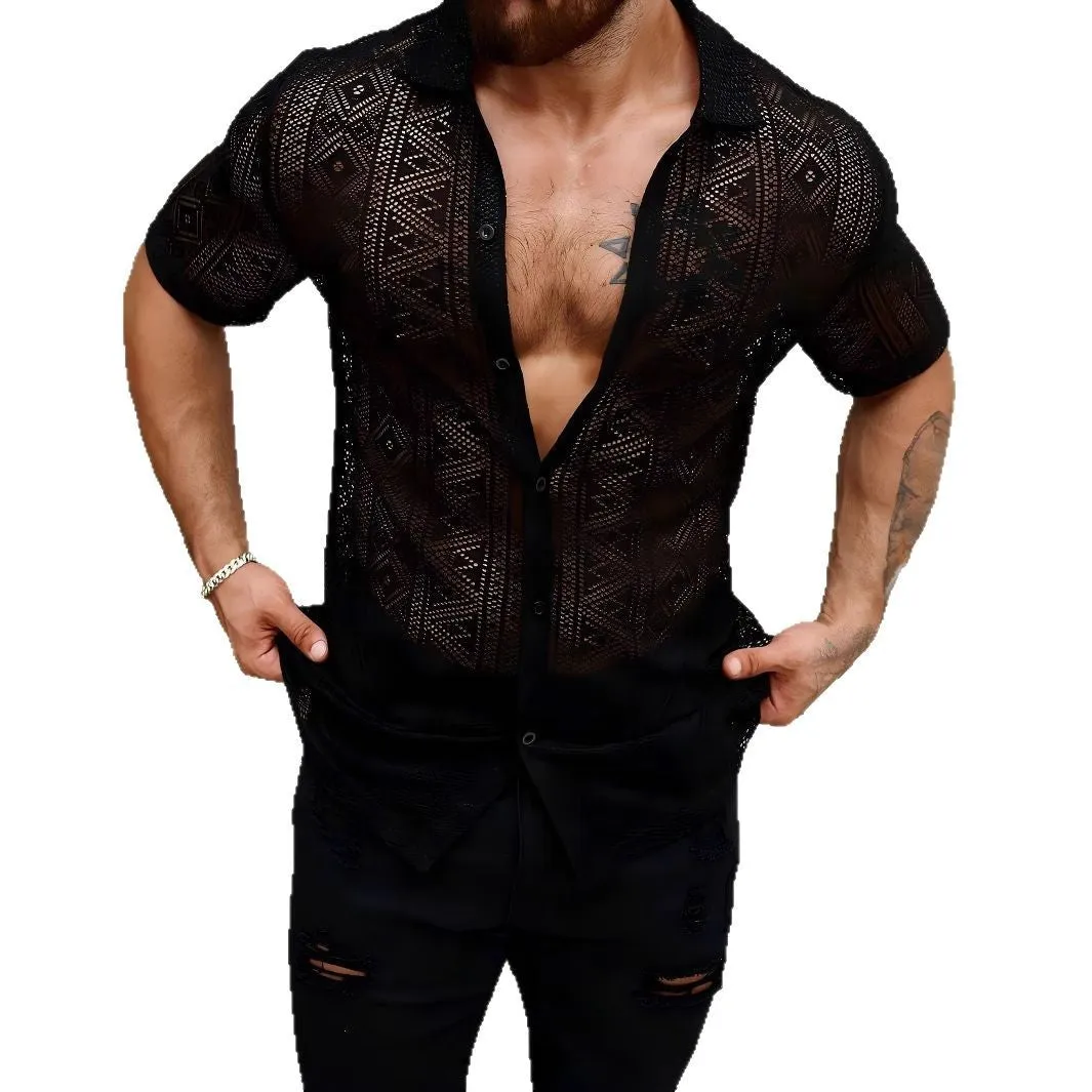 Men's black lace transparent short-sleeved polyester shirt cardigan on a model, front view