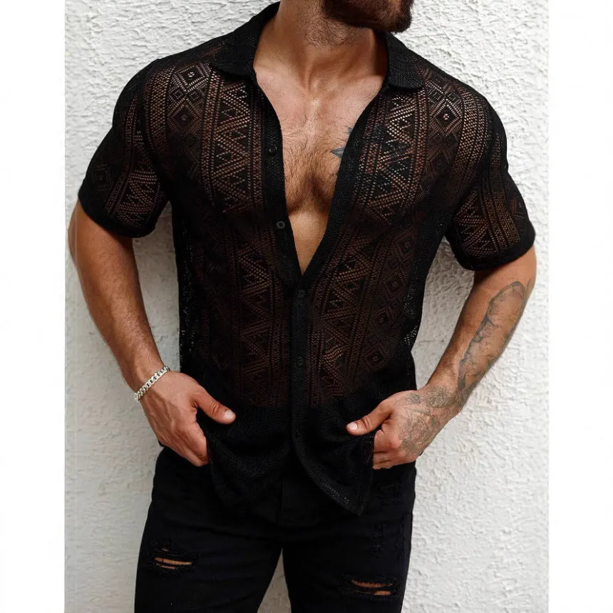 Men's black lace transparent short-sleeved polyester shirt cardigan on a model, front view
