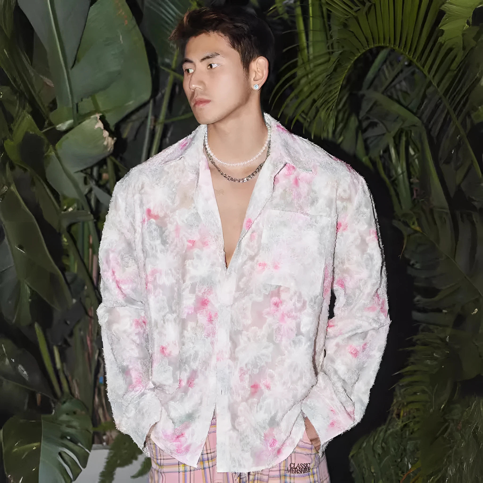 Pink floral long sleeve shirt with embossed 3D flower pattern and loose fit