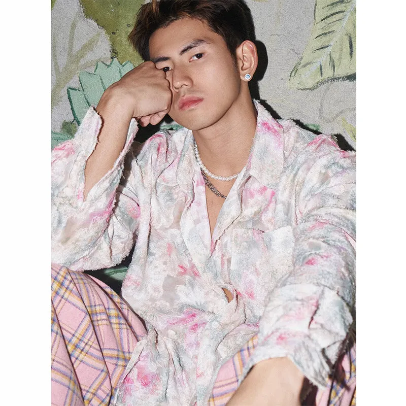 Pink floral long sleeve shirt with embossed 3D flower pattern and loose fit
