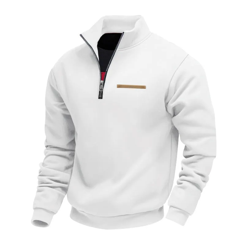 Men's warm stand collar contrast stripes sport sweatshirt in army green, loose fit polyester long sleeve