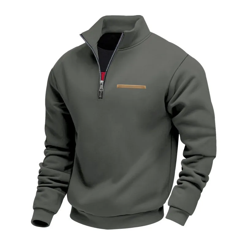 Men's warm stand collar contrast stripes sport sweatshirt in army green, loose fit polyester long sleeve