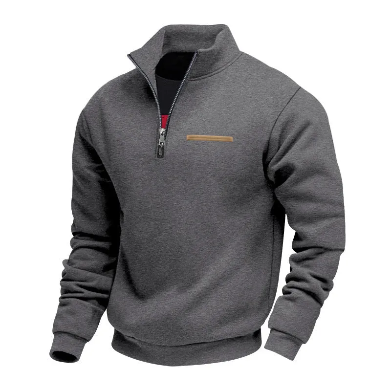 Men's warm stand collar contrast stripes sport sweatshirt in army green, loose fit polyester long sleeve